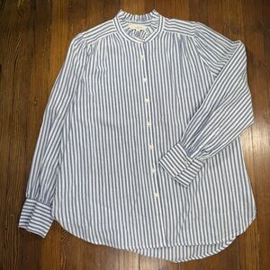 LOFT Striped Ruffle Collarless Button Down Shirt